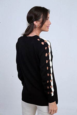 Kadın Kolu Şerit Dekolteli Triko Bluz