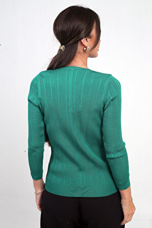 Kadın V Yaka Taş Baskı Detaylı Fitilli Triko Bluz