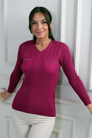 Kadın V Yaka Taş Baskı Detaylı Fitilli Triko Bluz