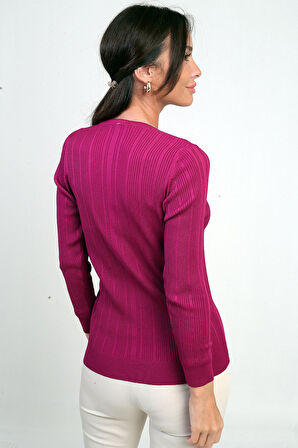 Kadın V Yaka Taş Baskı Detaylı Fitilli Triko Bluz