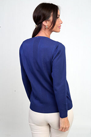 Kadın V Yaka Taş Baskı Detaylı Fitilli Triko Bluz