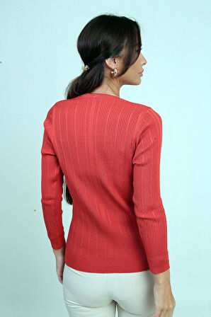 Kadın V Yaka Taş Baskı Detaylı Fitilli Triko Bluz