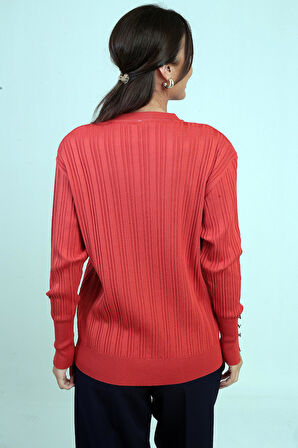 Kadın Kolları Düğmeli Fitilli Triko Bluz