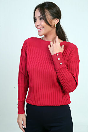 Kadın Kol Düğme Detaylı Fitilli Triko Bluz