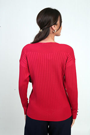 Kadın Kol Düğme Detaylı Fitilli Triko Bluz