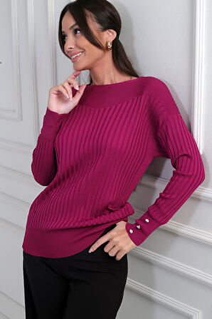 Kadın Kol Düğme Detaylı Fitilli Triko Bluz