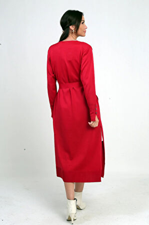 Kadın Kolları Düğme Detaylı Cepli Yanları Yırtmaaçlı Uzun Hırka