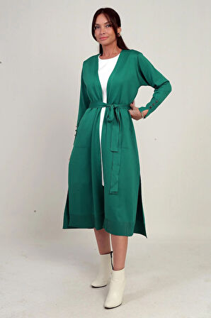 Kadın Kolları Düğme Detaylı Cepli Yanları Yırtmaaçlı Uzun Hırka