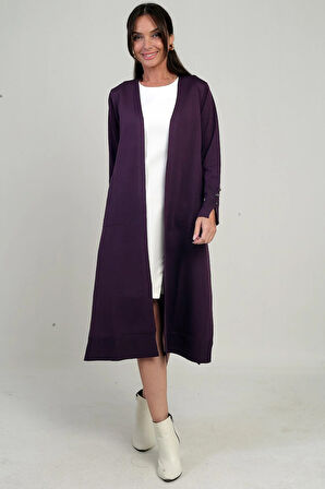 Kadın Kolları Düğme Detaylı Cepli Yanları Yırtmaaçlı Uzun Hırka