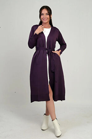 Kadın Kolları Düğme Detaylı Cepli Yanları Yırtmaaçlı Uzun Hırka