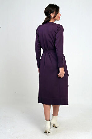 Kadın Kolları Düğme Detaylı Cepli Yanları Yırtmaaçlı Uzun Hırka