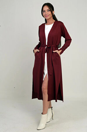 Kadın Kolları Düğme Detaylı Cepli Yanları Yırtmaaçlı Uzun Hırka