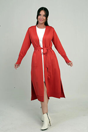 Kadın Kolları Düğme Detaylı Cepli Yanları Yırtmaaçlı Uzun Hırka