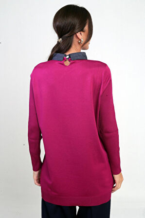 Kadın Taşlı Gömlek Yaka Tunik Triko Bluz