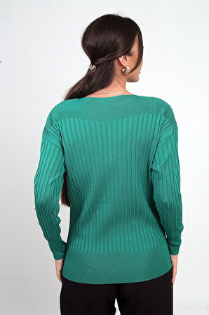 Kadın Kol Düğme Detaylı Fitilli Triko Bluz