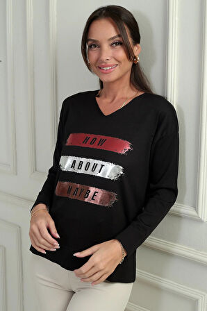 Kadın V Yaka Önü Yazı Baskılı Triko Bluz