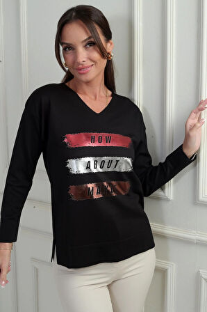 Kadın V Yaka Önü Yazı Baskılı Triko Bluz