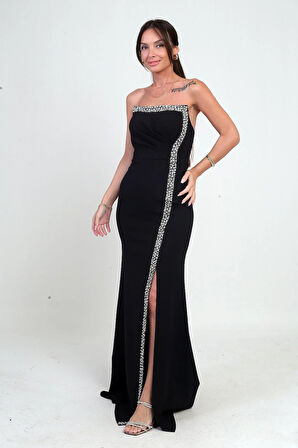 Kadın Önü Drapeli Taş Detaylı Telalı Uzun Krep Elbise