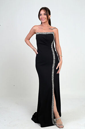 Kadın Önü Drapeli Taş Detaylı Telalı Uzun Krep Elbise