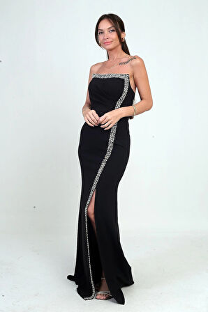 Kadın Önü Drapeli Taş Detaylı Telalı Uzun Krep Elbise