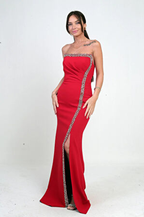 Kadın Önü Drapeli Taş Detaylı Telalı Uzun Krep Elbise