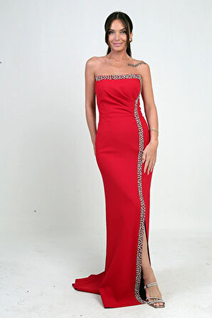 Kadın Önü Drapeli Taş Detaylı Telalı Uzun Krep Elbise