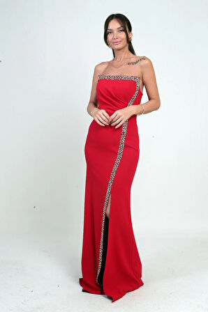 Kadın Önü Drapeli Taş Detaylı Telalı Uzun Krep Elbise