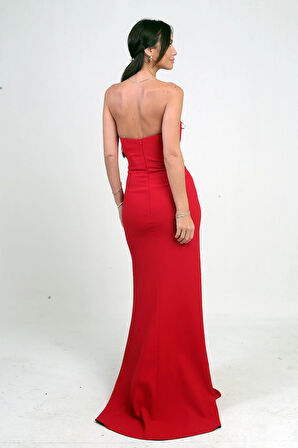 Kadın Önü Drapeli Taş Detaylı Telalı Uzun Krep Elbise