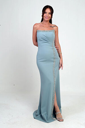 Kadın Önü Drapeli Taş Detaylı Telalı Uzun Krep Elbise