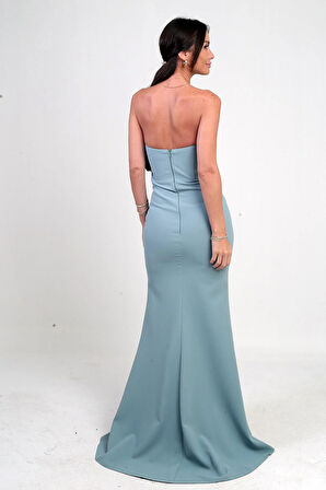 Kadın Önü Drapeli Taş Detaylı Telalı Uzun Krep Elbise