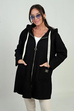 Kadın Kapüşonlu Önü Fermuarlı Cepli Rahat Kalıp Buklet Hırka