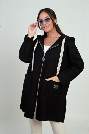 Kadın Kapüşonlu Önü Fermuarlı Cepli Rahat Kalıp Buklet Hırka