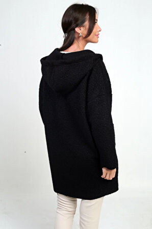 Kadın Kapüşonlu Önü Fermuarlı Cepli Rahat Kalıp Buklet Hırka