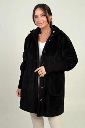 Kadın Kapüşonlu Önü Düğmeli Astarlı Kolları Ribanalı Angora Kaban