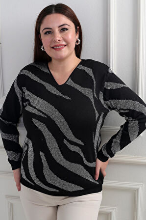 V Yaka Simli Zebra Desen Büyük Beden Bluz