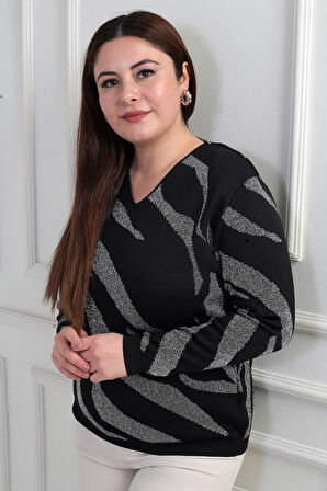 V Yaka Simli Zebra Desen Büyük Beden Bluz