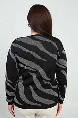 V Yaka Simli Zebra Desen Büyük Beden Bluz