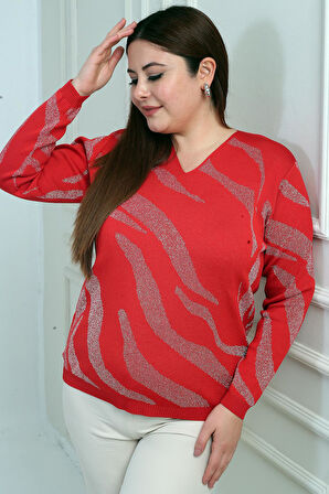 V Yaka Simli Zebra Desen Büyük Beden Bluz