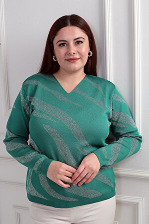 V Yaka Simli Zebra Desen Büyük Beden Bluz