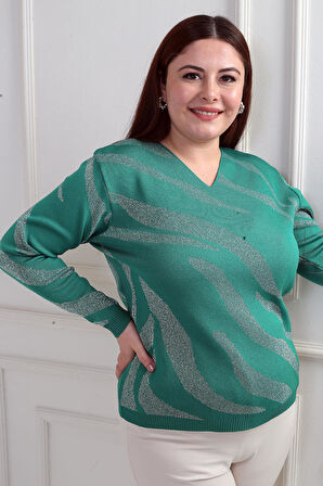 V Yaka Simli Zebra Desen Büyük Beden Bluz