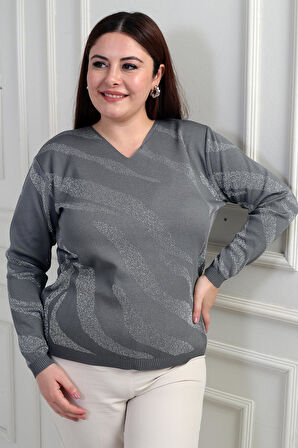 V Yaka Simli Zebra Desen Büyük Beden Bluz