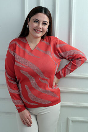 V Yaka Simli Zebra Desen Büyük Beden Bluz