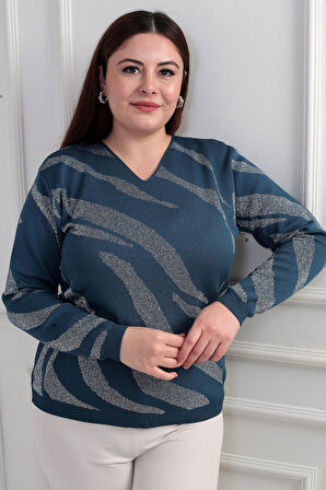 V Yaka Simli Zebra Desen Büyük Beden Bluz