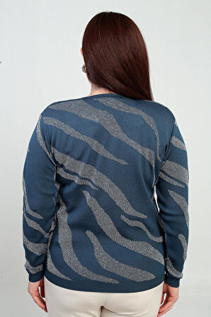 V Yaka Simli Zebra Desen Büyük Beden Bluz