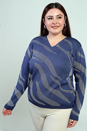 V Yaka Simli Zebra Desen Büyük Beden Bluz