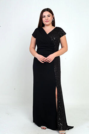 Kadın Kruvaze Yaka Astarlı Yanı Boncuk Garnili Büyük Beden Uzun Şifon Elbise