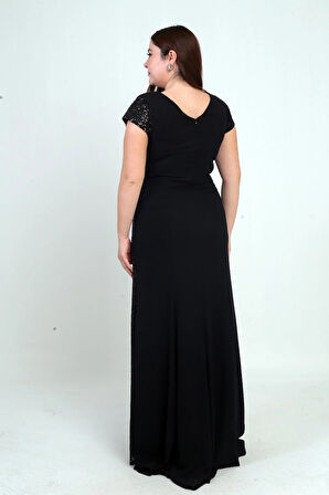 Kadın Kruvaze Yaka Astarlı Yanı Boncuk Garnili Büyük Beden Uzun Şifon Elbise