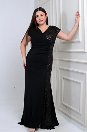 Kadın Kruvaze Yaka Astarlı Yanı Boncuk Garnili Büyük Beden Uzun Şifon Elbise