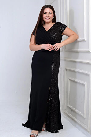 Kadın Kruvaze Yaka Astarlı Yanı Boncuk Garnili Büyük Beden Uzun Şifon Elbise