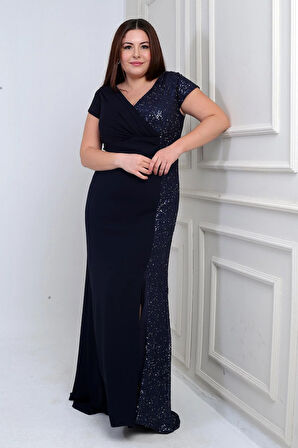 Kadın Kruvaze Yaka Astarlı Yanı Boncuk Garnili Büyük Beden Uzun Şifon Elbise